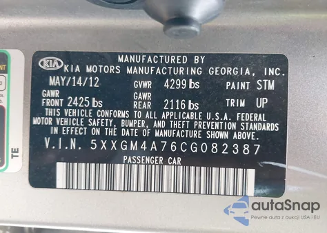 2012 Kia Optima Lx z USA, uszkodzony, nr VIN 5XXGM4A76CG082387
